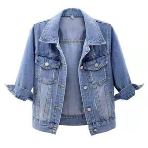 Blousons en jean courts <span class=keywords><strong>grande</strong></span> <span class=keywords><strong>taille</strong></span> pour femmes, style décontracté vintage, à manches <span class=keywords><strong>longues</strong></span>, effet délavé, pour l'automne, manteau bomber en jean, vêtements d'extérieur pour femmes - Product Image 6