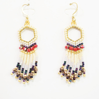 Boucles d'oreilles pendantes tissées à la main en perles de riz Miyuki, style ethnique bohème rétro classique, avec pompon hexagonal creux