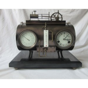 <span class=keywords><strong>Baromètre</strong></span> et thermomètre de style français massif en laiton antique, moteur <span class=keywords><strong>à</strong></span> vapeur industriel, horloge mécanique de table/étagère - Product Image 2
