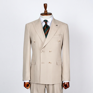 PERRE Men's Beige Viscose/Polyester Double Breasted Business <b>Suit</b> British Style Mandarin Collar Regular Fit Plus Size - Product Image 1