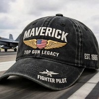 Gorra de Béisbol Maverick con Logotipo Personalizado OEM, Bordado a Mano, Estilo Lavado con Temática de Top Gun, 100% Algodón, Unisex, con Hebilla Metálica