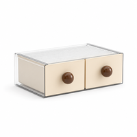Organisateur de bureau à 2 tiroirs en PET HIPS transparent, boîte de rangement empilable à double section, dessus côtelé, poignée boule crème, boîte OEM