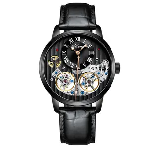 Montre squelette à double mouvement mécanique tourbillon volant noir de luxe en argent avec mouvement mouette shanghai pour homme