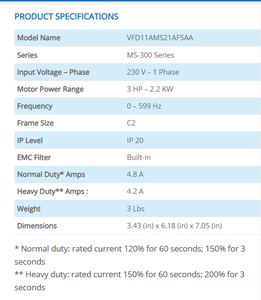 ไดรฟ์ปรับความถี่เดลต้า MS300 VFD11AMS21AFSAA เฟสเดียว 200~240V 2.2KW - Product Image 2