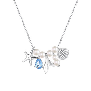 S925 <b>Sterling</b> <b>Silver</b> Ocean Theme Pendant <b>Necklace</b> Starfish Shell <b>Pearl</b> Blue Crystal Romantic Women Vacation Fine Jewelry - Product Image 1