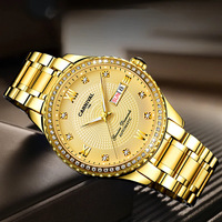 Montre mécanique pour homme CARNIVAL en acier inoxydable incrustée de strass, chiffres romains, affichage double date, aiguilles lumineuses, saphir