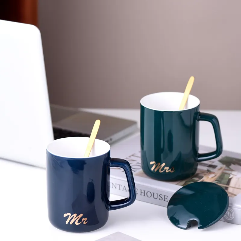 Taza de cerámica azul con tapa, taza de café de cerámica azul personalizada, simple, nórdica