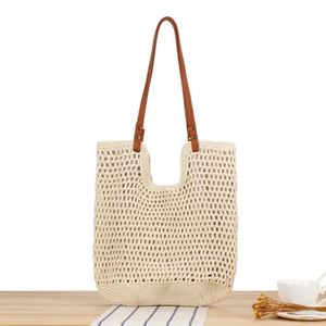 Sac fourre-tout décontracté en coton tissé grande capacité pour femme, sac à main de plage en paille ajouré - Product Image 1