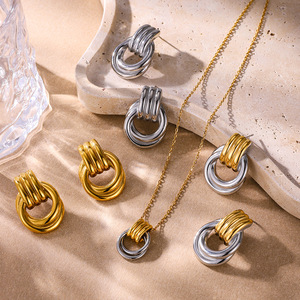 Geometric Ring Layered <b>Necklace</b> Earrings Set Stainless Steel Unisex Jewelry - Product Image 4