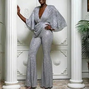 Evening Party Sequin Romper Long Pant One Pieces Sexy Deep V Open Back Shinny Long Sleeve Sequin Jumpsuit Women