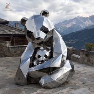 Statue de panda et d'ours en acier inoxydable finition miroir, sculpture géométrique mère et jeune pour la décoration de la cour de villa, de l'entrée d'hôtel - Product Image 5