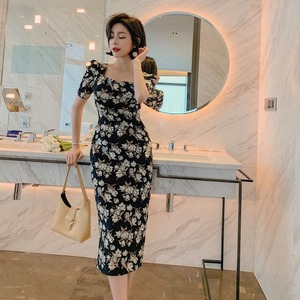 <span class=keywords><strong>ZY</strong></span>.HT Verano Nuevas mujeres Retro Slim Bag Hip cuello cuadrado Vestido estampado - Product Image 2