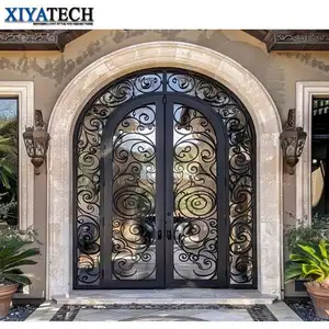 XIYATECH Residential Home Wrought Rod Iron Front Double Doors Exterior Entrance Black Double Wrought Iron Door