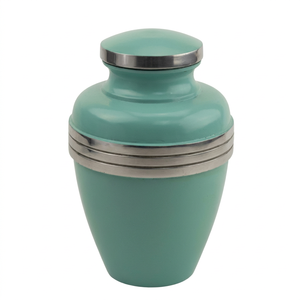 Urna Funeraria Verde de Metal, Recuerdo Conmemorativo con Bandas Plateadas, para Adultos, 220 Pulgadas Cúbicas - Artesanía India - Product Image 1