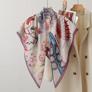 Selendang Sutra Persegi Besar Motif Bunga Bohemian Wanita, Hijab Muslim Bahan <span class=keywords><strong>Chiffon</strong></span> Lembut dengan Pinggiran Ungu 90cm, Penutup Leher - Product Image 1