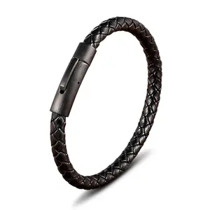 Pulsera Para Hombre de mới phong cách cổ điển bện nút thép không gỉ Phụ kiện trung tính dệt tay vòng đeo tay bằng da chính hãng