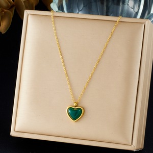 Green Resin Heart Pendant Necklace Gold Plated Stainless Steel Clavicle Chain Daily Wear Gift Jewelry N4252 - Product Image 1