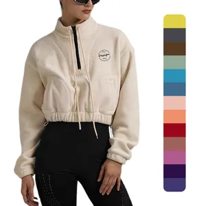 Hoodie katun polos Hoodie bulu domba Hoodie kustom OEM Hoodie pakaian kasual crop hangat setengah ritsleting untuk Sweatshirt wanita