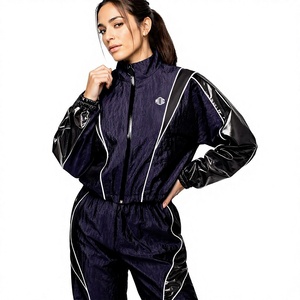 Custom Women Navy <b>Lightweight</b> Windbreaker Track 2-piece Set and Pants OEM ODM Reflective Trim Sportswear Casual <b>Jacket</b> for men - Product Image 5