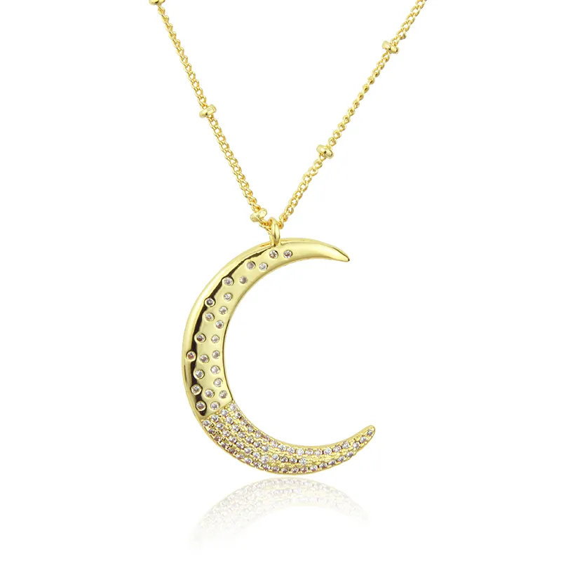 Trendy Jewelry Crystal Pave Moon Star Pendant Zircon Crescent Necklace 18k Gold Plated Stainless Steel Necklace Jewelry