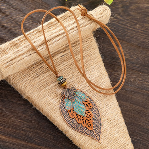 Vintage Boho Leaf Pendant Necklace Set <b>Copper</b> Alloy Turquoise Sweater <b>Chain</b> Women's Fashion Jewelry Autumn Winter Daily Wear - Product Image 3