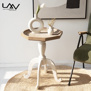 Klassischer antiker weißer Couch tisch im französischen Landhausstil und kleiner runder Beistell tisch Massivholz tisch für Wohnzimmer hotel - Product Image 3