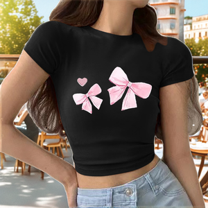 Lightweight Breathable Loose Summer Sweet Jersey <b>Print</b> Stand Collar Short-sleeved Crop Top T-shirt - Product Image 2