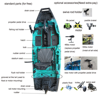 Kayak modulaire de 8 pieds pour 1 personne, 3 en 1, pêche, croisière, tourisme, avec système de propulsion à pédales détachable et support moteur