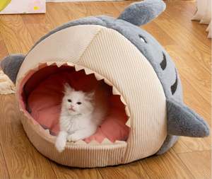2024 neu niedliches Katzenhaus Höhlenbett Kätzchen weich wärmend gemütlich Haiform flauschig Haustier Hund Katze Höhlenbett Haus - Product Image 2