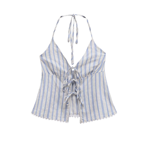 Blue Striped Breathable Woven Short Back Hollow Out Lace-Up Halter Neck Casual Summer Tank <b>Tops</b> for Women - Product Image 1