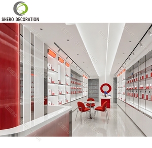 Modern Skincare Store Interior Design Red & White Cosmetic <b>Display</b> Cabinet Glass <b>Shelf</b> Wall <b>Unit</b> with LED Lightbox Shop Fitting - Product Image 4