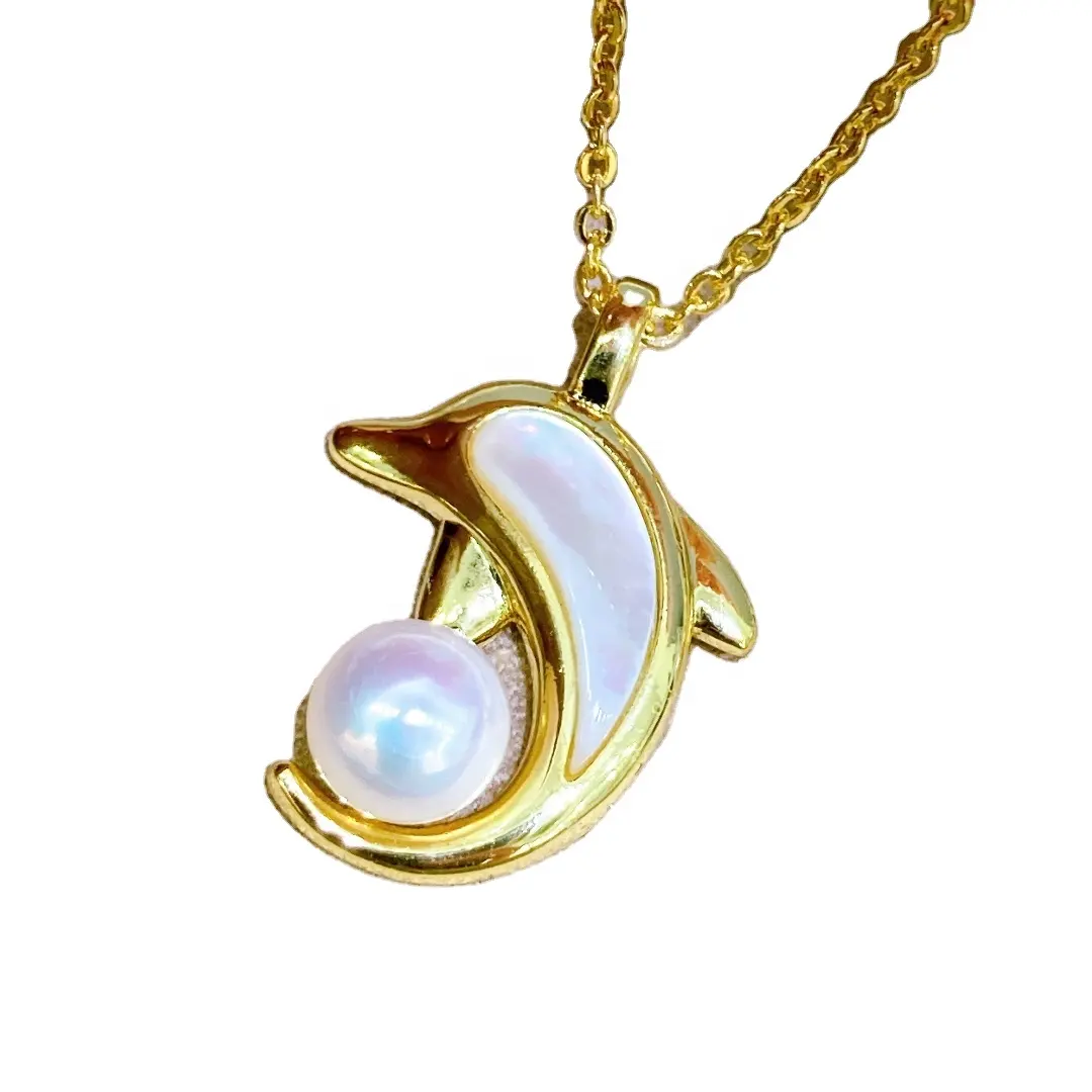 Shell Dolphin Charm Pendant Necklace Natural Freshwater Pearl Chain Jewelry Wholesale Gifts