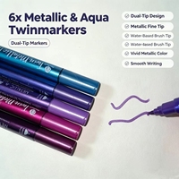 Lot de 6 marqueurs métalliques avec pinceau aquarelle et stylos à pointe fine, ensemble violet lilas pour la calligraphie et la création de cartes