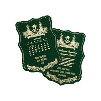 Invitation de mariage de luxe découpée au laser en velours vert foncé avec calendrier doré et carte de rappel de date personnalisée