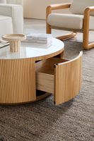 Table basse Voxhome moderne en bois plaqué sculpté en 3D, design élégant avec panneau rond en marbre, style bois, meubles de maison