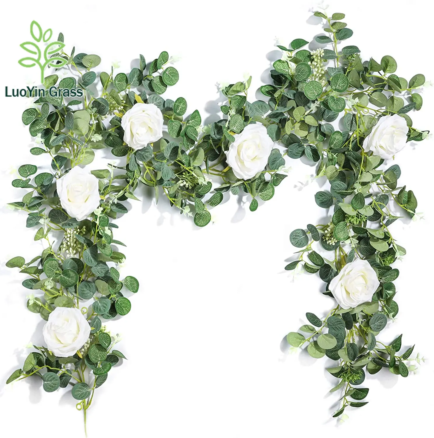 Eucalyptus Garland with White Ross 6Ft Artificial Vines Faux Silk Greenery Eucalyptus Leaves for Wedding Backdrop Decor