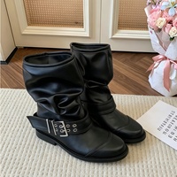 Bottes d'équitation mi-mollet pour femme, collection automne 2026, tige en microfibre, design plissé souple, décorations à boucles