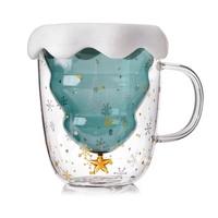 Gobelet à café en verre borosilicate à double paroi, résistant à la chaleur, design arbre de Noël, 300 ml, compatible micro-ondes et lave-vaisselle