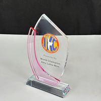 Trophée en cristal bleu et rose en gros, logo personnalisé, trophée en verre cristal, plaque pour souvenir d'entreprise