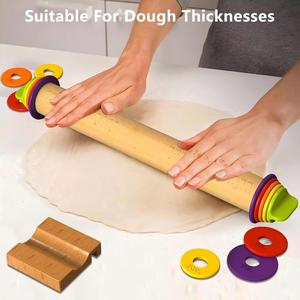 Rouleau à pâtisserie en bois avec anneaux de réglage d'épaisseur pour la pâtisserie, le fondant et la pizza, avec 4 anneaux de réglage d'épaisseur - Product Image 3