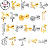 Boucle d'oreille pendante Freya G23 en titane 16G, motif fleur dorée, pour cartilage, conque, hélix, tragus, piercing de cartilage, bijou de mode à dos plat