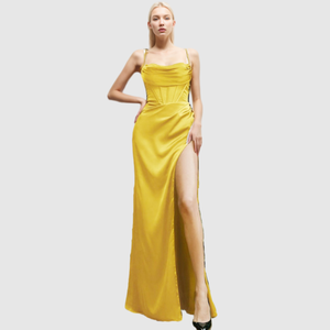 Robe longue élégante en satin couleur unie, respirante, sexy, à fente haute, pour soirée d'été, vente en gros, haute qualité, pour femme - Product Image 2