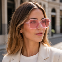 Lunettes en acétate rose transparent, monture géométrique hexagonale, mode féminine, détail diamant argenté