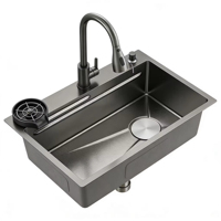Évier de cuisine multifonctionnel fait main en acier inoxydable 304 noir moderne avec cascade et pluie, cuve unique, garantie 5 ans