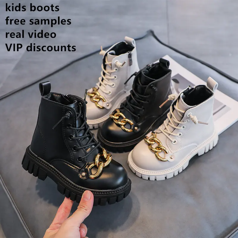 Free sample waterproof High quality 2022 short ankle shoes kids metal chain girls dress shoes boots children's casual shoes