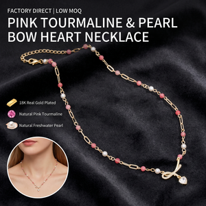 Collana con Ciondolo a Cuore con Fiocco e Zirconi per Donne, Perla ABAS, Pietra Naturale, Catena in Acciaio Inossidabile Placcato Oro 18K, Vendita all'Ingrosso - Product Image 1