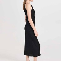 Fabricants de vêtements – Nouveauté : Robe midi en mousseline noire, coupe crop top, col à revers, ourlet pointu, style halter, tissée unie, idéale printemps-été-automne