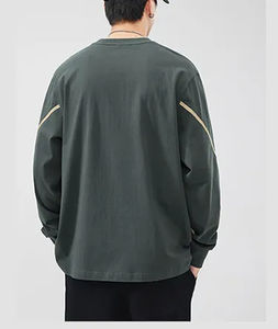 Wholesale Pure Cotton <b>Long</b> <b>Sleeve</b> <b>Striped</b> Drop Shoulder <b>T</b>-<b>Shirt</b> Round Neck Loose Fit Grey Tee for Men - Product Image 3