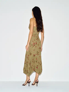 Abito lungo da donna verde oliva con stampa floreale, spalline sottili, pieghettato, vita impero, elegante e casual per la primavera - Product Image 3