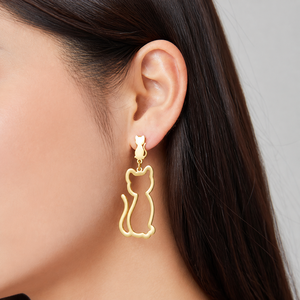 Boucles d'oreilles pendantes en forme de chat en acier inoxydable plaqué or 14 carats par électrolyse sous vide, polies - Product Image 5